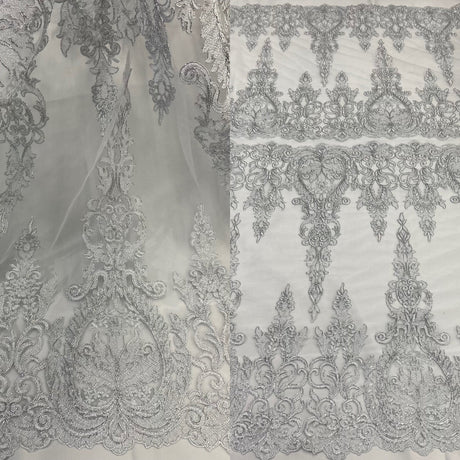 1 Yard Luxurious Corded Bridal Lace Fabric Embroidered on Premium Polyester Mesh 52