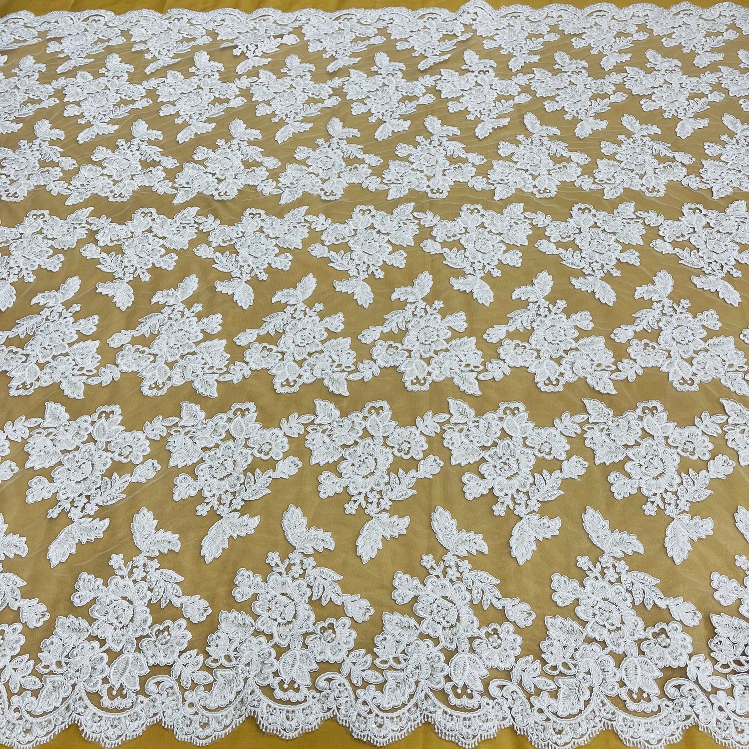 1 Yard Beaded Corded Bridal Lace Fabric Embroidered on Premium Polyester Mesh 51