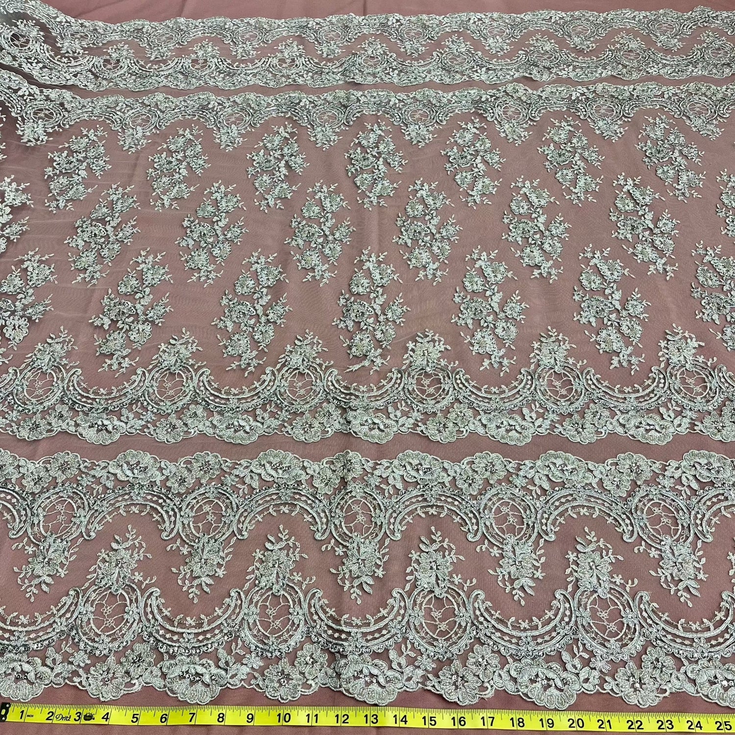 1 Yard Luxurious Beaded Corded Bridal Lace Fabric Embroidered on Premium Mesh 51