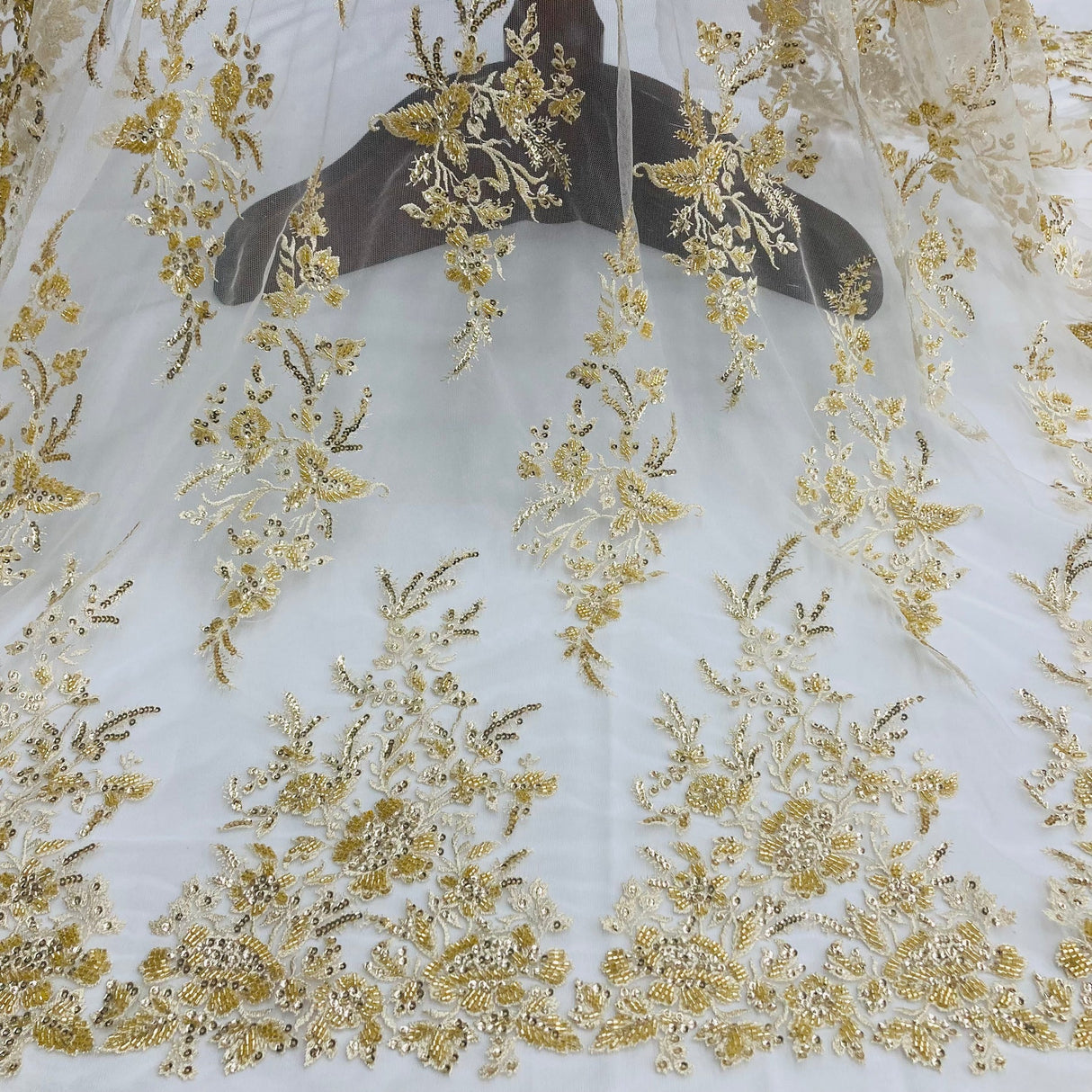 1 Yard Beaded & Sequined Embroidered Lace Fabric on Polyester Mesh, 52" Wide