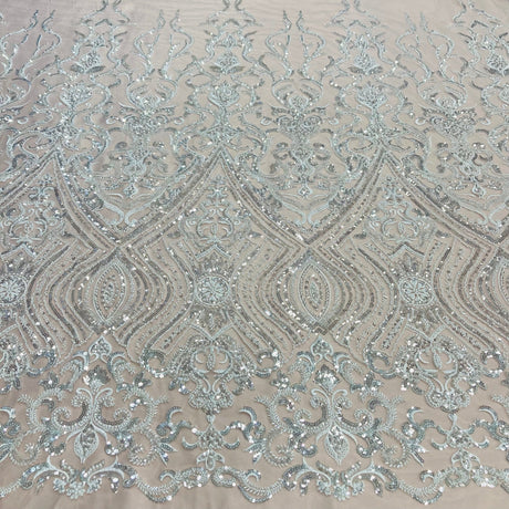 1 Yard Silver Beaded Lace Fabric Embroidered on 100% Polyester Net Mesh 52 Inch Width