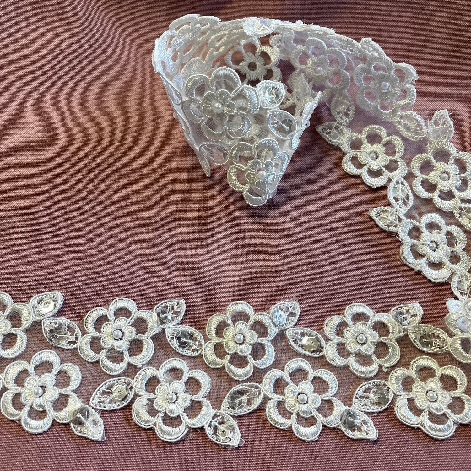 1 Yard Beaded & Corded Lace Trim 2.5" Wide Embroidered on 100% Polyester Organza