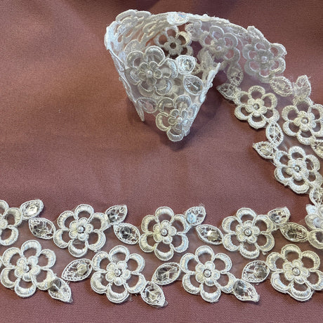 1 Yard Beaded & Corded Lace Trim 2.5" Wide Embroidered on 100% Polyester Organza
