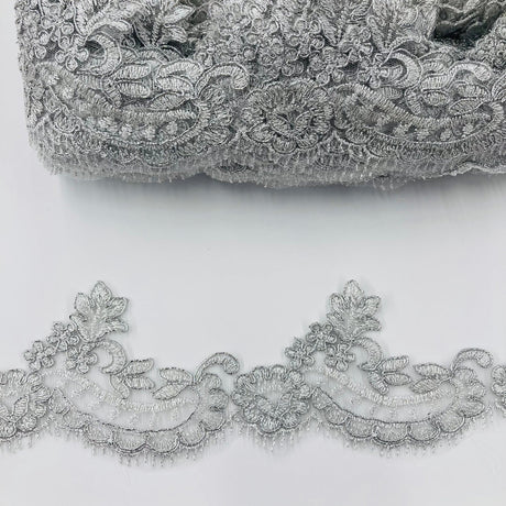 1 Yard Corded Lace Trimming on Net Mesh – 3" Wide | Handmade Embroidered Trim for Dresses & Gowns
