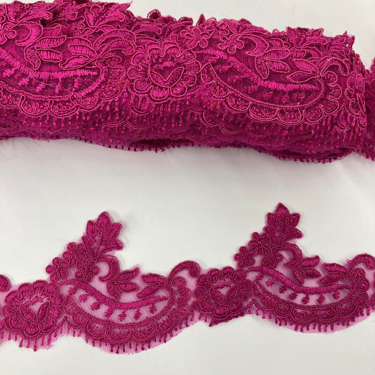 1 Yard Corded Lace Trimming on Net Mesh – 3" Wide | Handmade Embroidered Trim for Dresses & Gowns