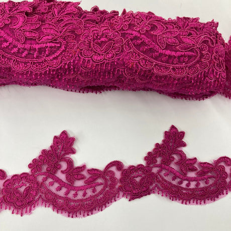 1 Yard Corded Lace Trimming on Net Mesh – 3" Wide | Handmade Embroidered Trim for Dresses & Gowns