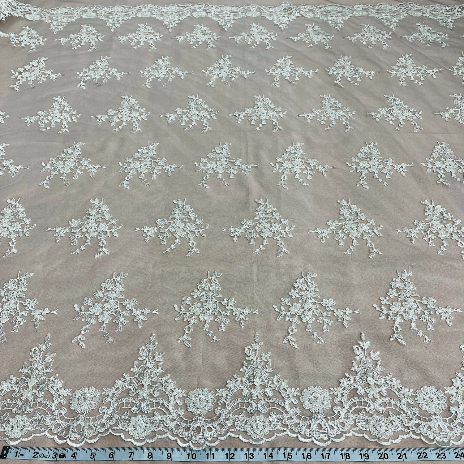 1 Yard Luxurious Beaded Corded Bridal Lace Fabric Embroidered on Premium Mesh 56