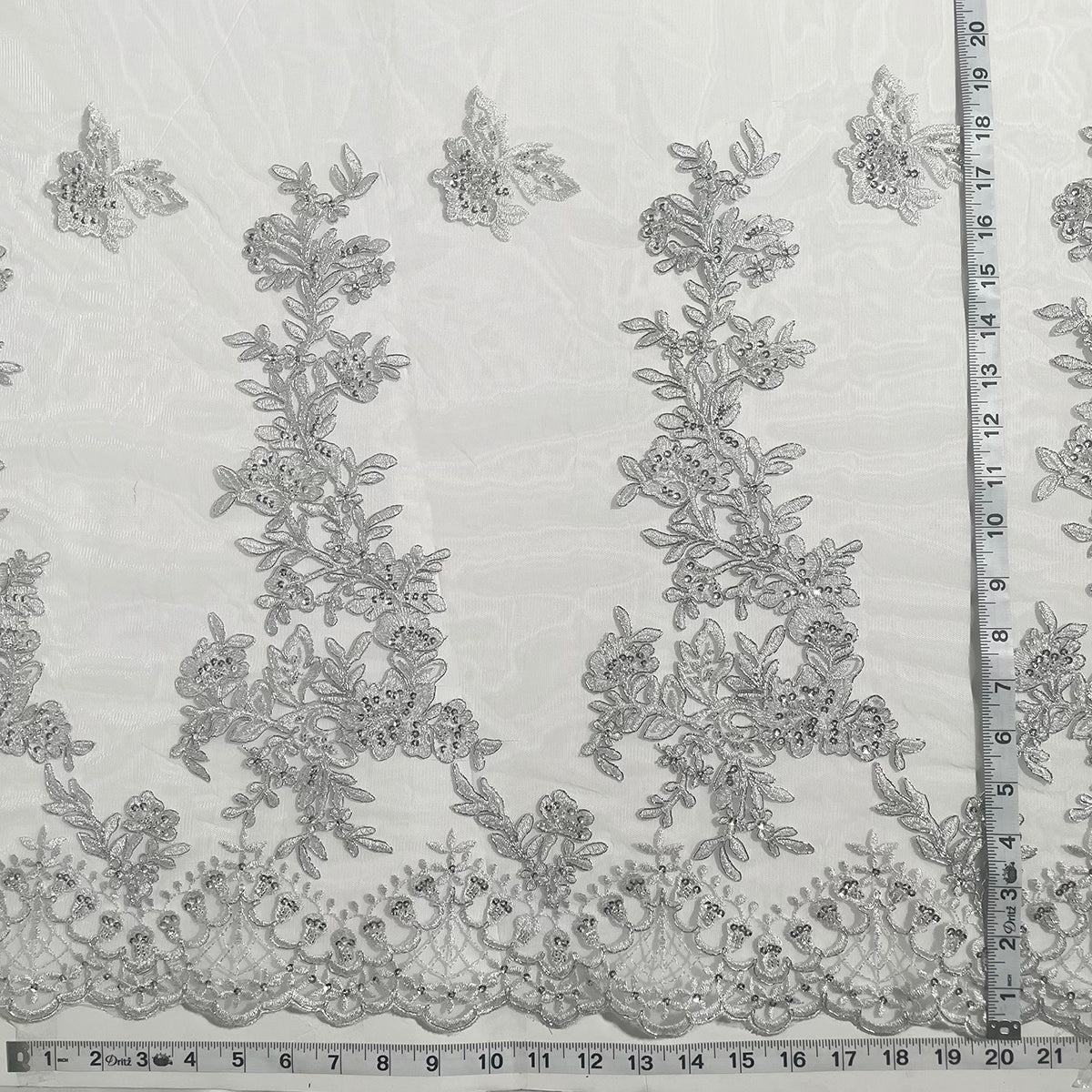 1 Yard Elegant Beaded and Corded Bridal Lace Fabric Embroidered on Polyester Net Mesh 52 inch Width