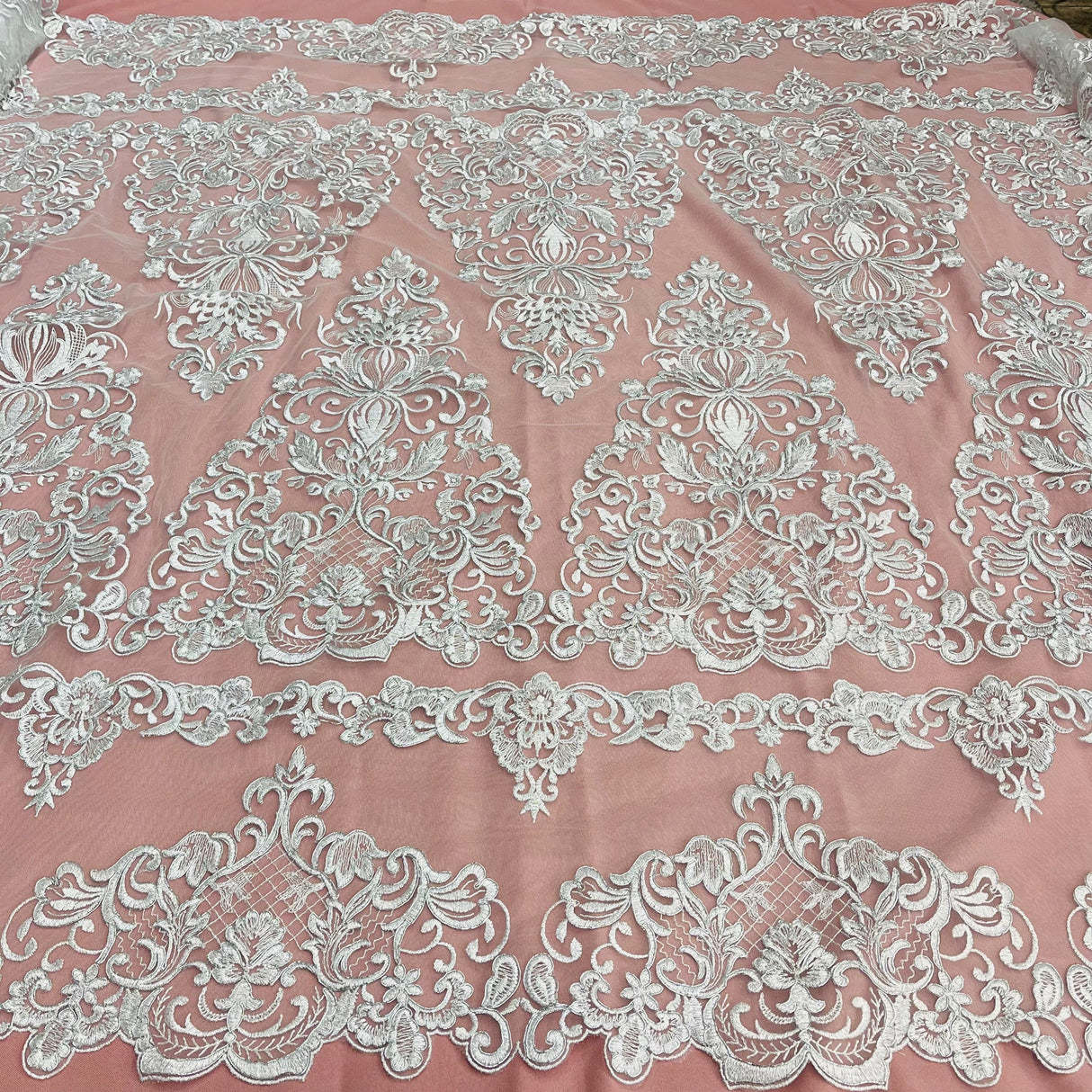 1 Yard Elegant Corded Bridal Lace Fabric Embroidered on Premium Polyester Mesh 53
