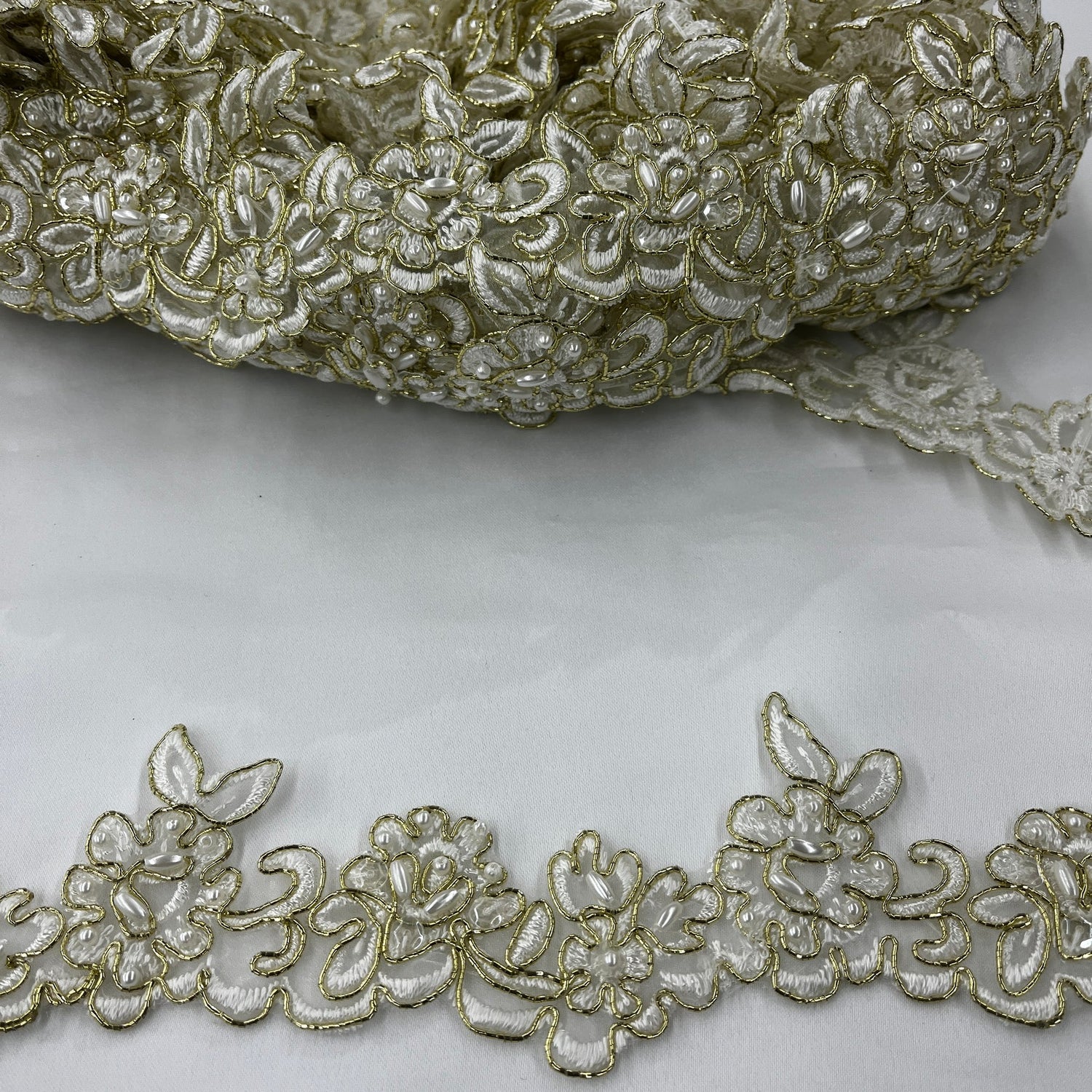 1 Yard Beaded & Corded Lace Trimming on Organza – 2" Wide | Embroidered Trim for Dresses & Costumes