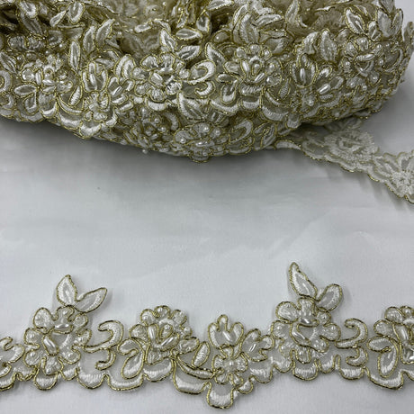 1 Yard Beaded & Corded Lace Trimming on Organza – 2" Wide | Embroidered Trim for Dresses & Costumes