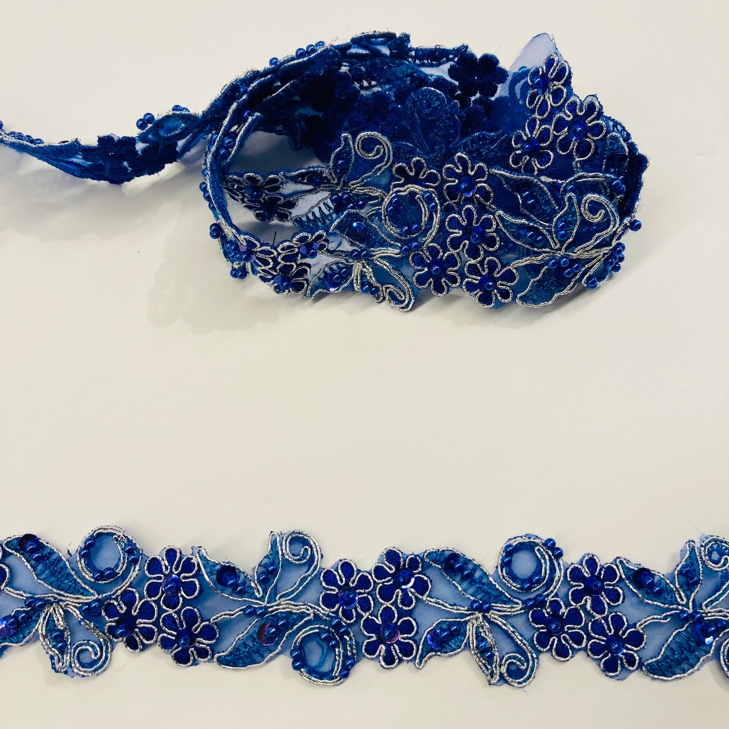 1 Yard Exquisite Beaded & Corded Lace Trimming Embroidered on 100% Polyester Organza for Bridal and Evening Dresses 1.5 Inch Width