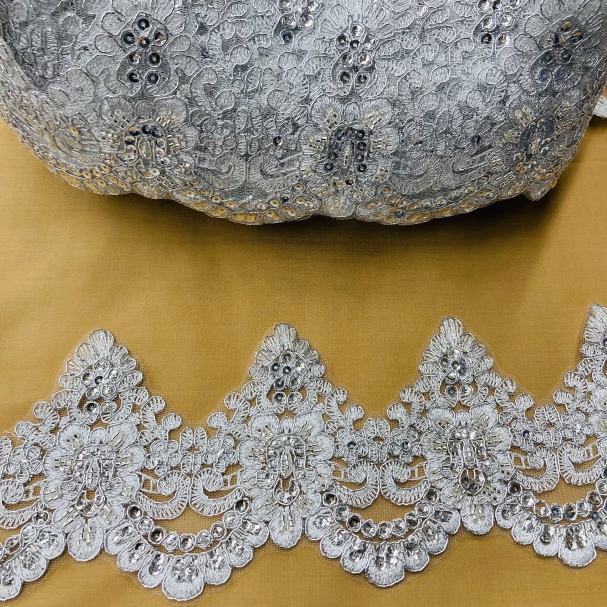1 Yard Elegant Beaded & Corded Lace Trimming Embroidered on 100% Polyester Net Mesh for Bridal Dresses 4.5 Inch Width