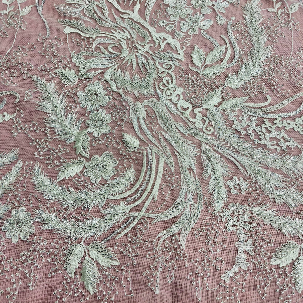 1 Yard Beaded Lace Fabric Hand-Embroidered with Pearls & Sequins on Polyester Net Mesh for Bridal, Evening & Couture Wear 56" Wide