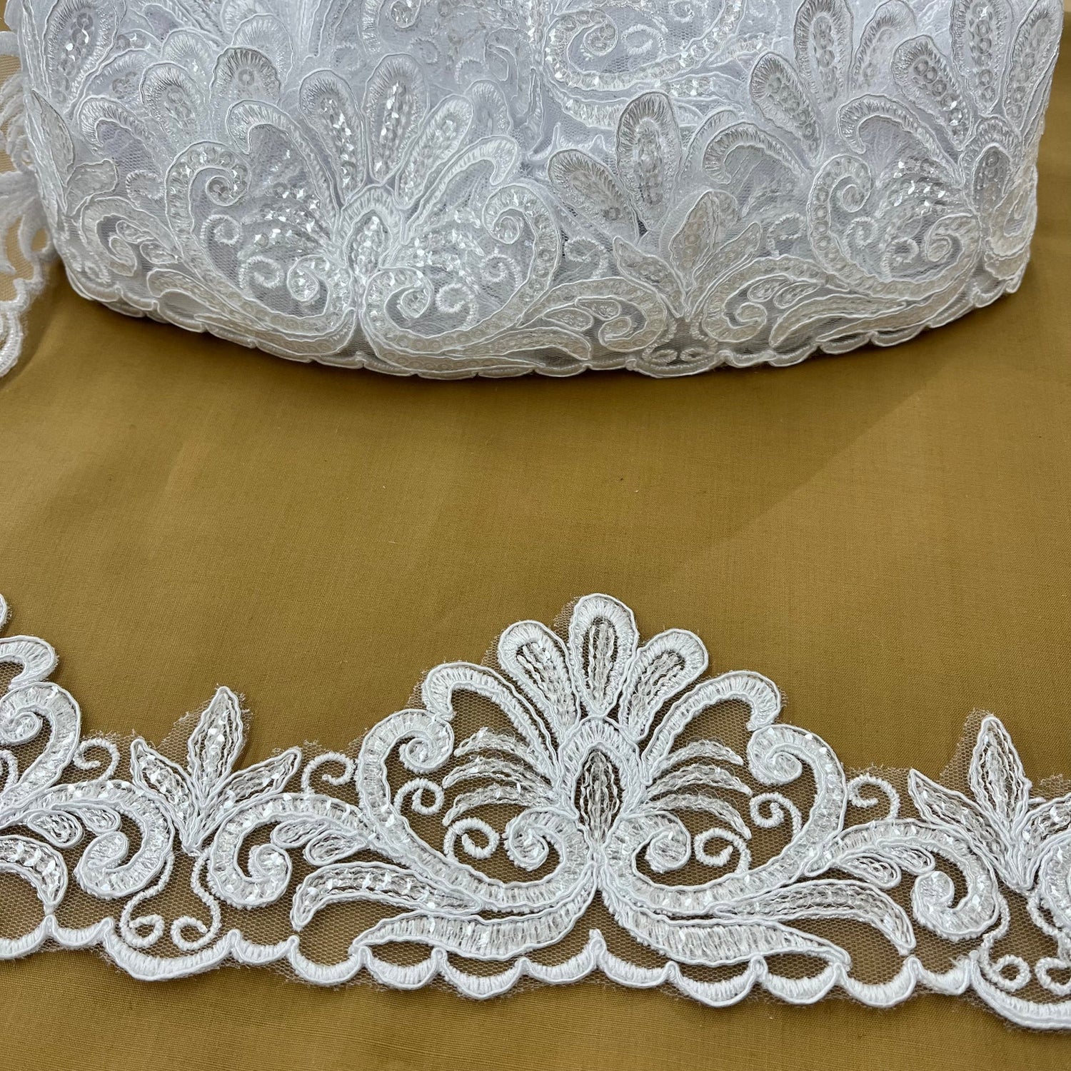 1 Yard Premium Beaded & Corded Floral Lace Trimming on 100% Polyester Net Mesh for Dresses 3.5 Inch Width