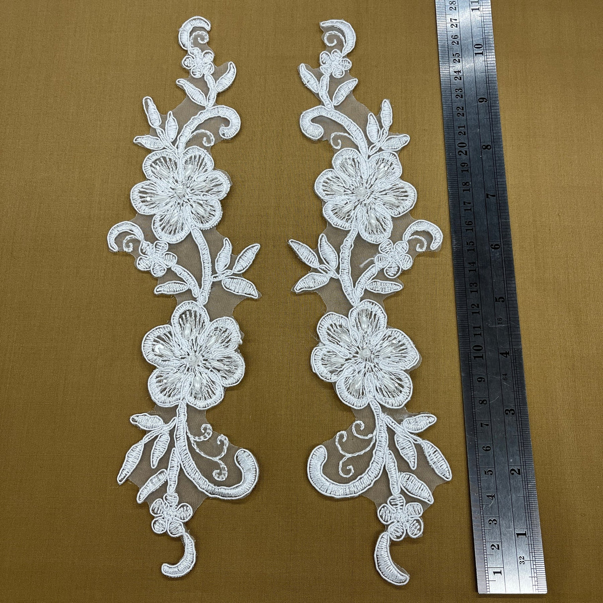 1 Pair Beaded & Corded Lace Applique 10" x 2" Each Side