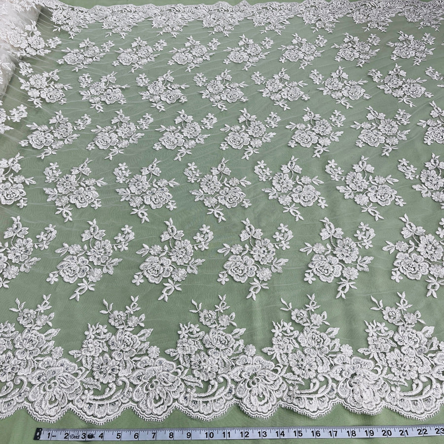 1 Yard Ivory with Silver Beaded and Corded Bridal Lace Fabric on Polyester Net Mesh 51 Inch Width