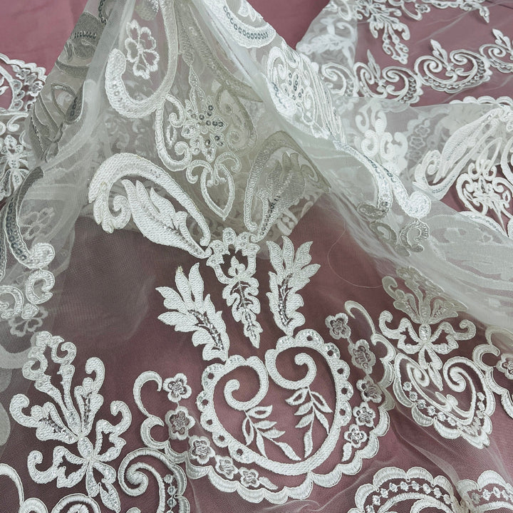 1 Yard Beaded and Corded Bridal Lace Fabric for Elegant Dresses White