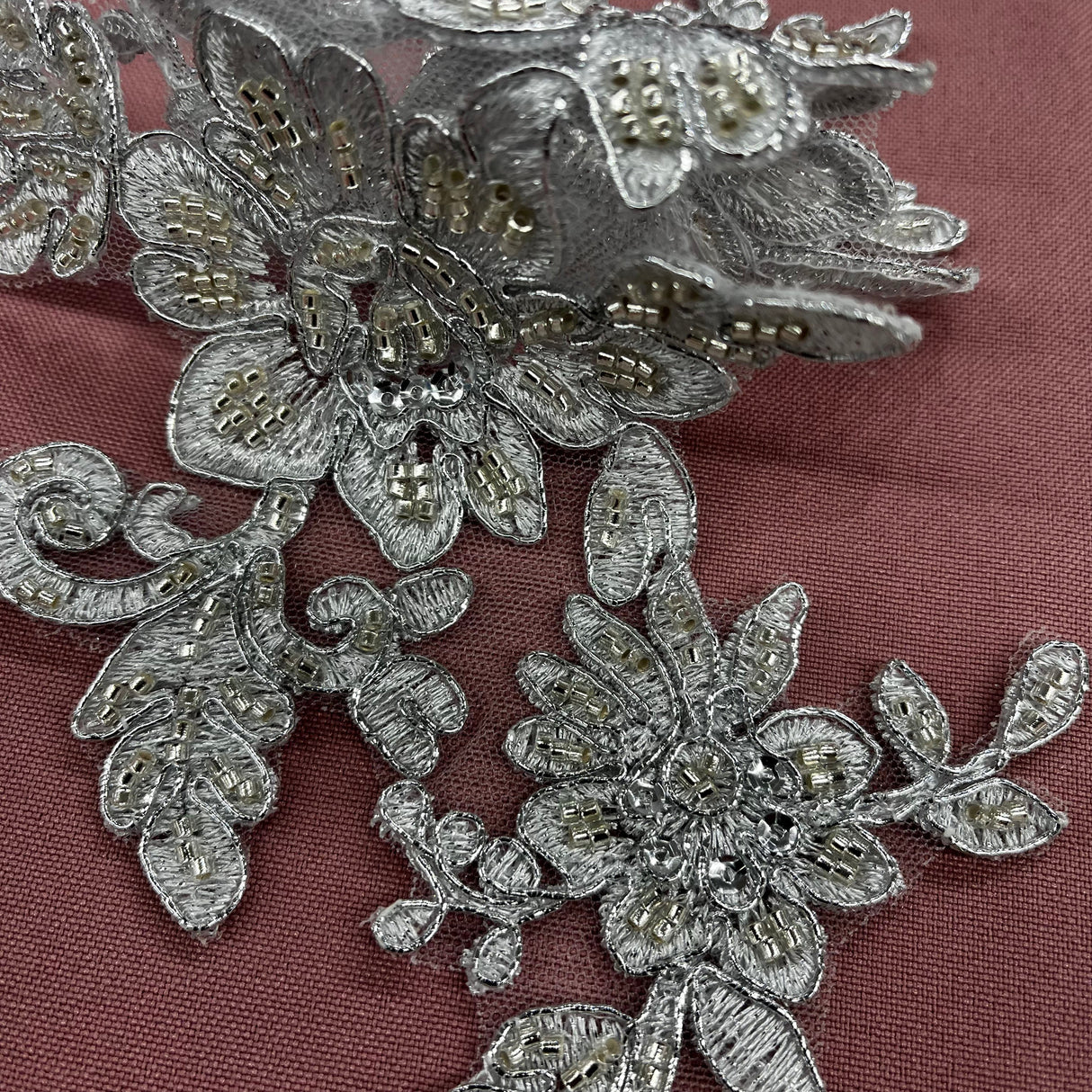 Beaded Corded Floral Lace Applique on Polyester Net Mesh