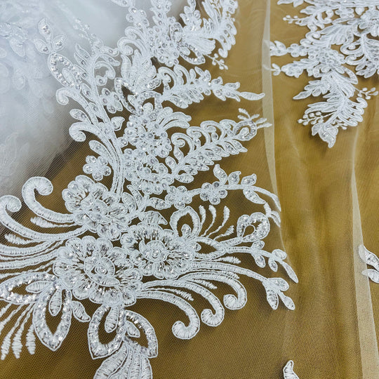 1 Yard Elegant Beaded and Corded Bridal Lace Fabric Embroidered on Polyester Net Mesh