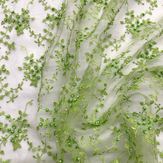 1 Yard Silver Beaded Lace Fabric Embroidered on Polyester Net Mesh for Couture Wedding and Evening Dresses – 53"