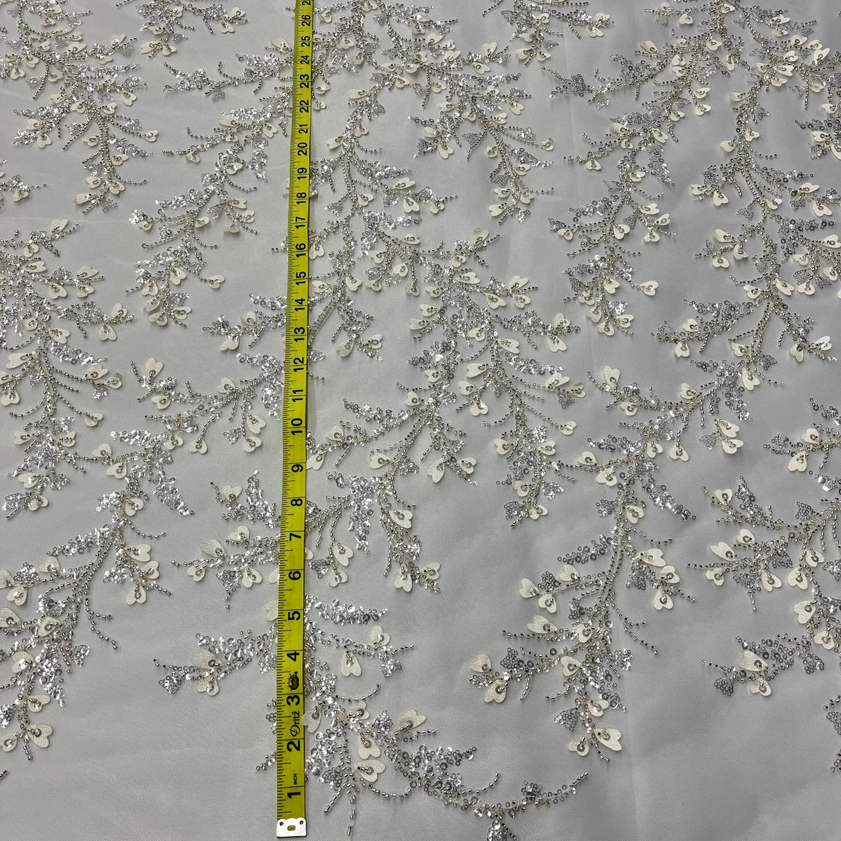 Beaded 3D Floral Lace Fabric Ivory with Silver 54"
