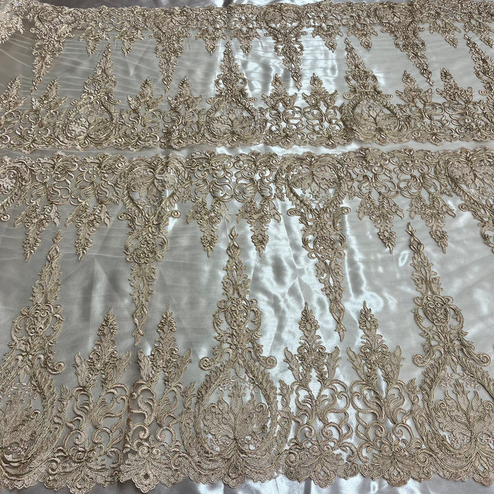 1 Yard Exquisite Corded Bridal Lace Fabric Embroidered on 100% Polyester Net Mesh White