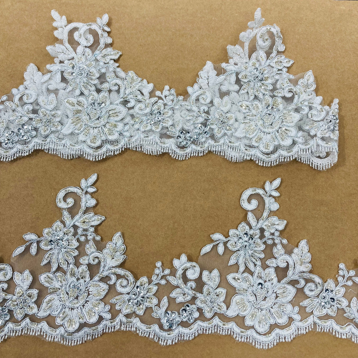 Beaded Corded Floral Lace Trimming Polyester Fabric - Embroidered Net Mesh, 6" Width (1 Yard)