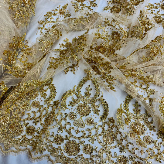 1 Yard Luxurious Beaded and Corded Bridal Lace Fabric Embroidered on Polyester Net Mesh