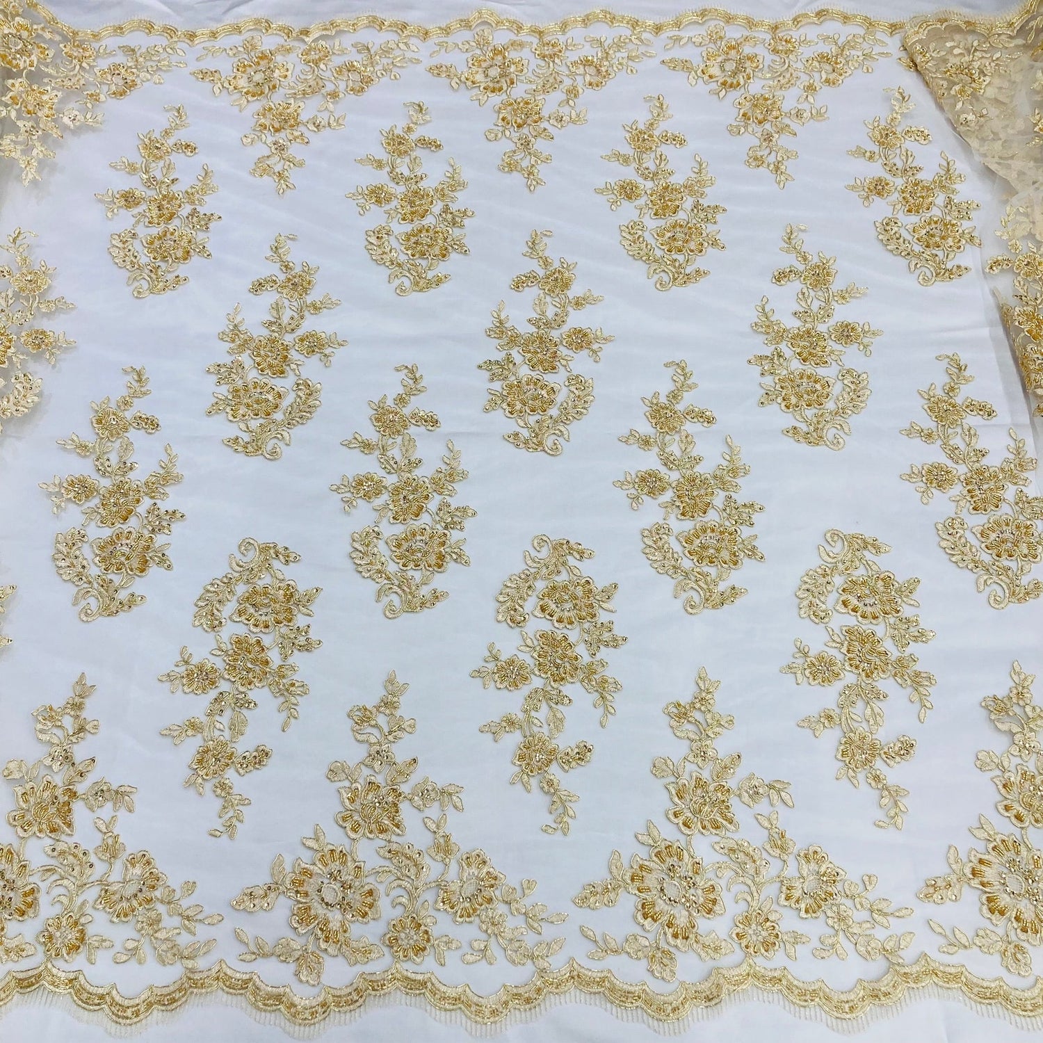 1 Yard Elegant Beaded Corded Bridal Lace Fabric Embroidered on Premium Mesh 51