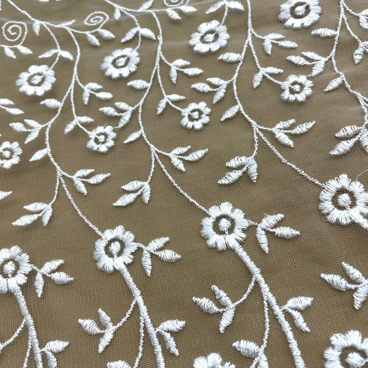 Embroidered Lace Fabric Ivory Mesh