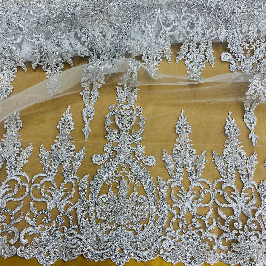 1 Yard Beaded and Corded Bridal Lace Fabric Embroidered on Polyester Net Mesh White Ivory Blush and Gold