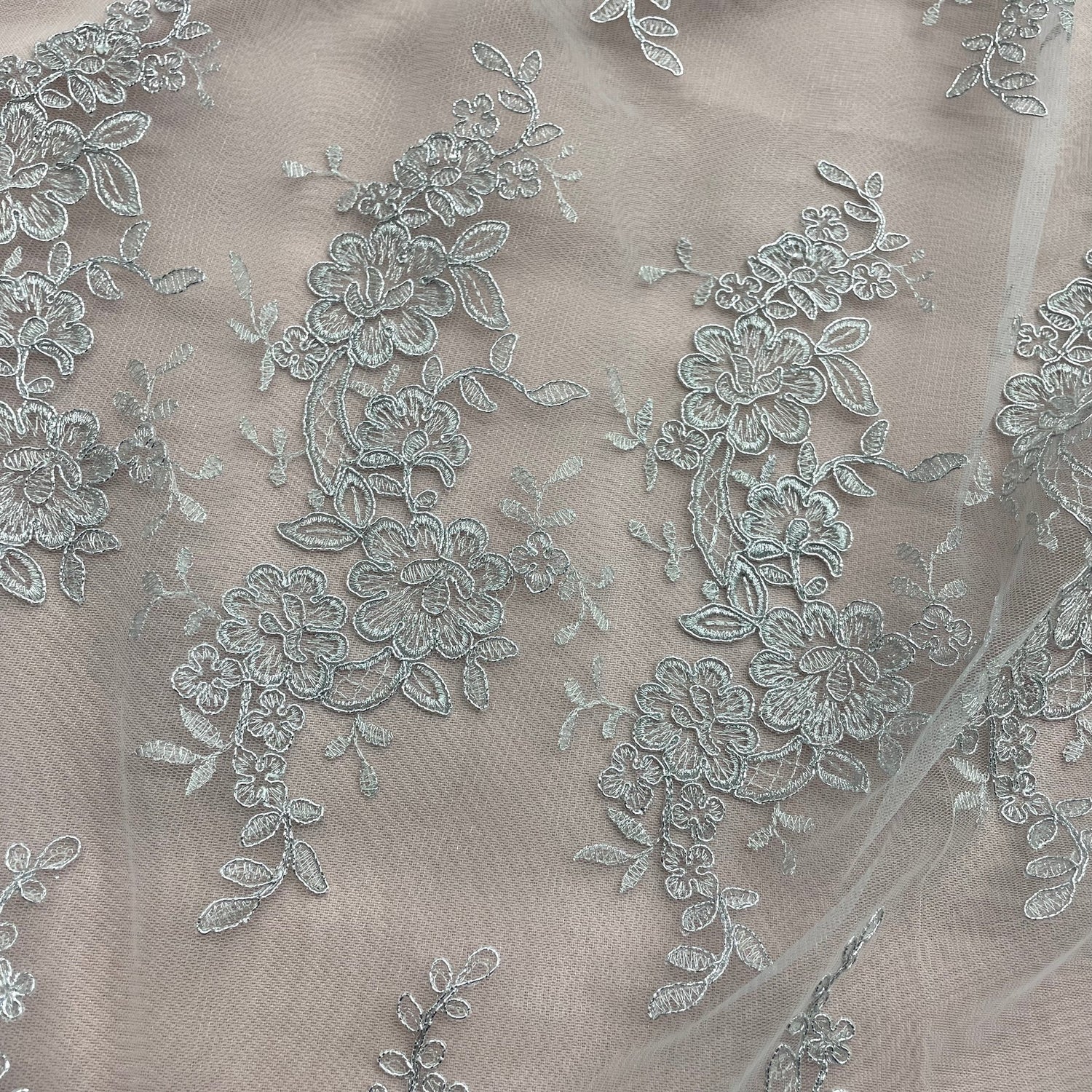 1 Yard Silver Corded Bridal Lace Fabric Embroidered on Polyester Net Mesh for Wedding and Evening Gowns – 54"