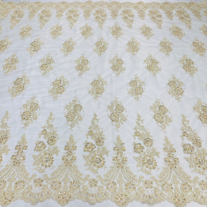 1 Yard Luxurious Corded Lace Fabric Embroidered on 100% Polyester Net Mesh White