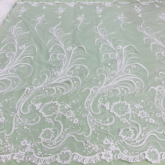 1 Yard Elegant Corded Bridal Lace Fabric Embroidered on 100% Polyester Net Mesh – Silver – 54"