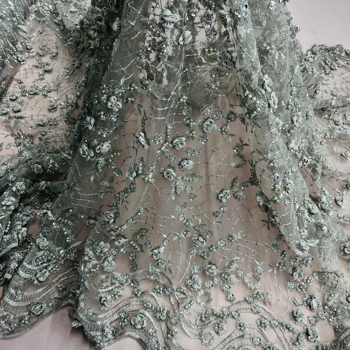 Beaded 3D Floral Lace Fabric