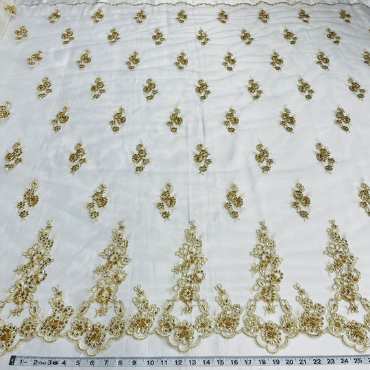 1 Yard Beaded and Corded Bridal Lace Fabric Embroidered on Polyester Net Mesh 54 inch Width