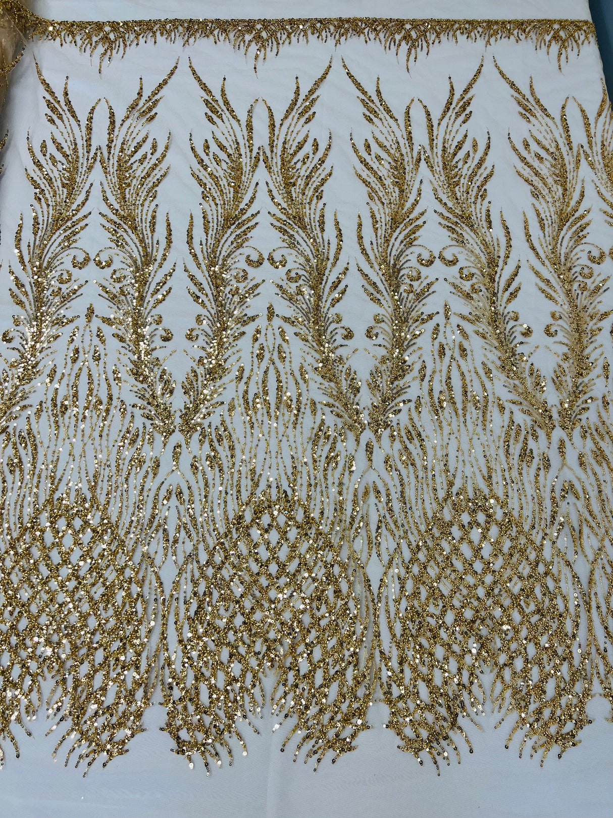 Wing Feather Damask Beaded Lace Fabric - Feather Damask, Beaded Mesh Lace, 50-54" Width (1 Yard)