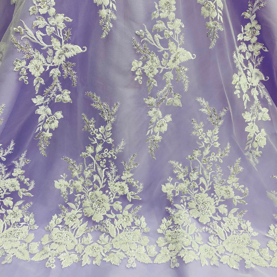 1 Yard Beaded and Sequined Lace Fabric White