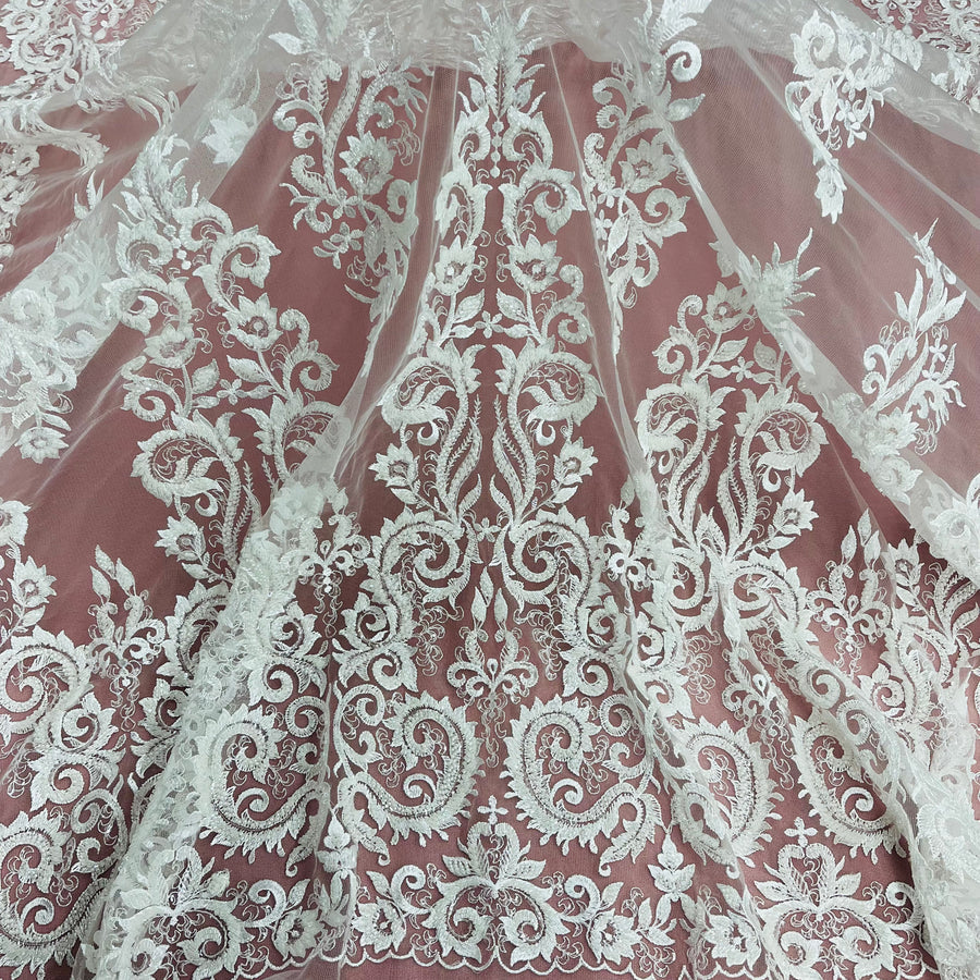 1 Yard Exquisite Beaded Lace Fabric Embroidered on Polyester Net Mesh
