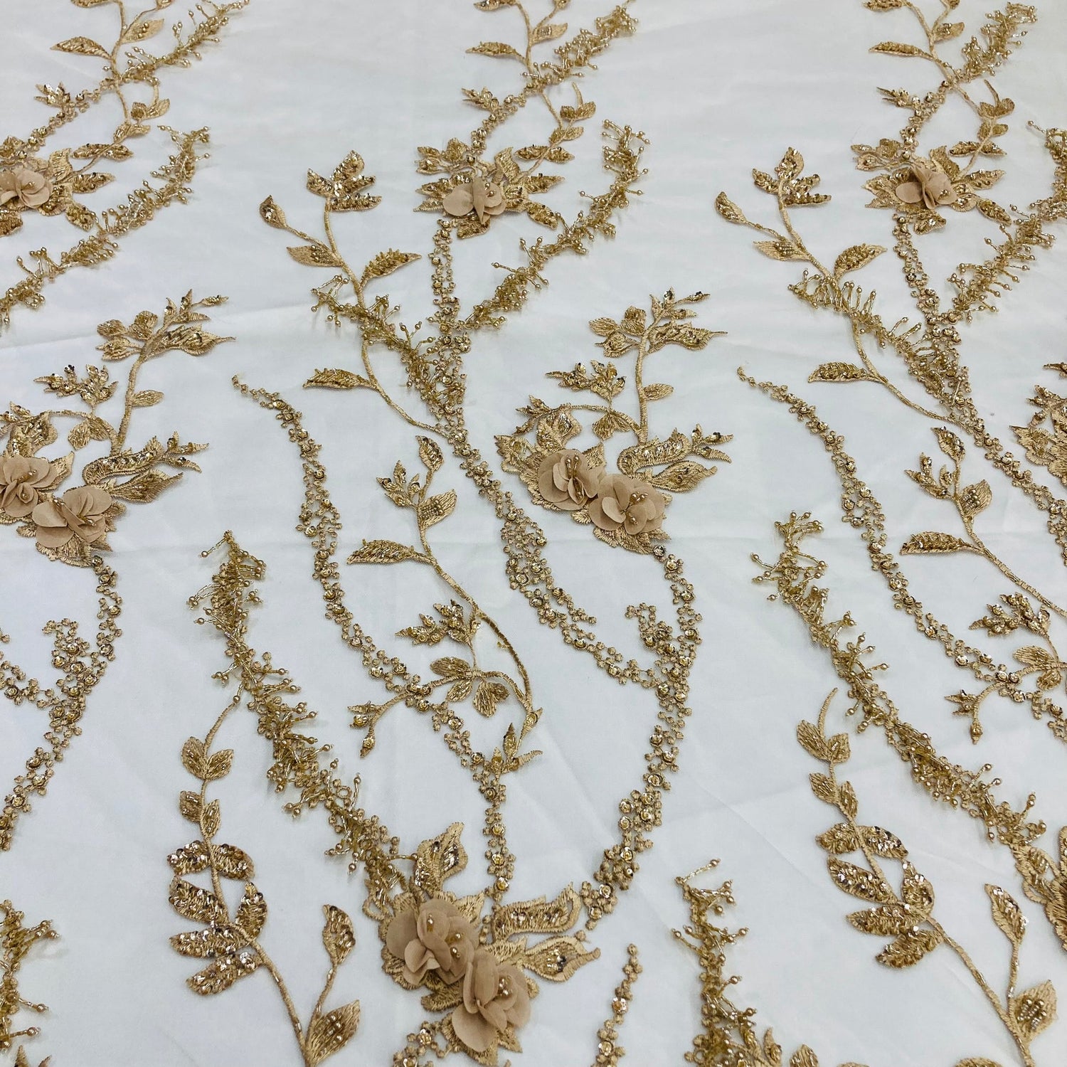 1 Yard Exquisite Beaded 3D Floral Lace Fabric Embroidered on Polyester Net Mesh