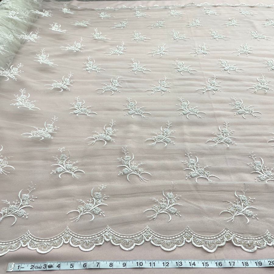 1 Yard - Beaded Lace Fabric Embroidered on 100% Polyester Net Mesh - Ivory - 52" Wide