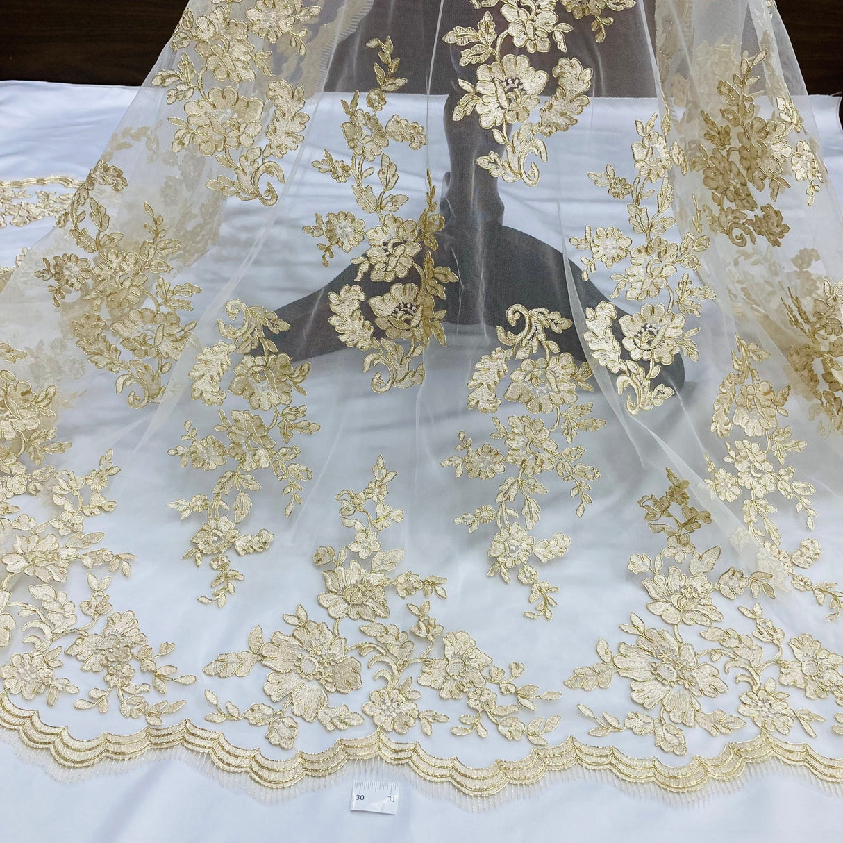 1 Yard Luxurious Corded Bridal Lace Fabric Embroidered on 100% Polyester Net Mesh – Silver – 54"