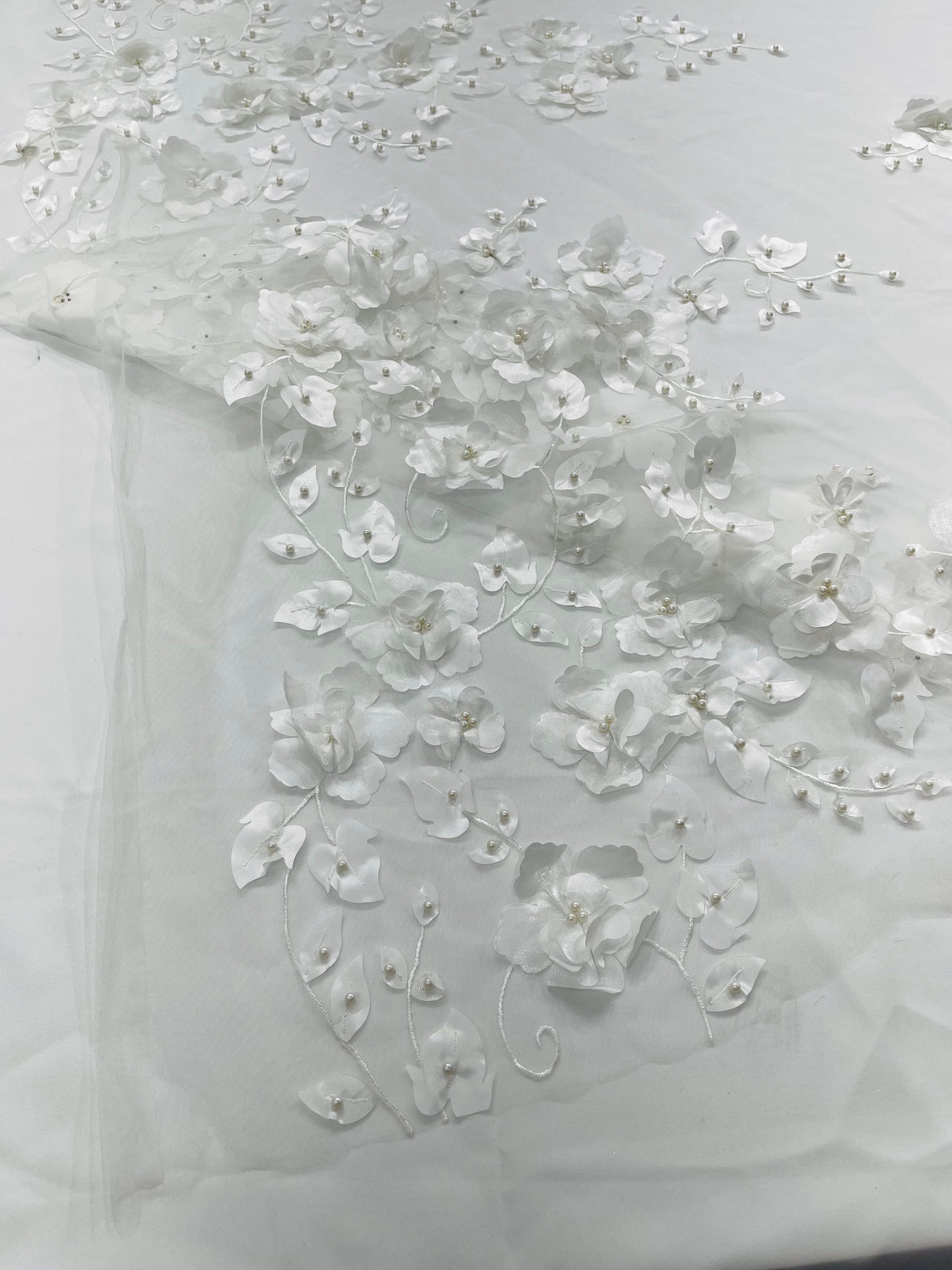 Orquidia 3D Floral Design Embroidered With Pearls Lace Fabric - 3D Floral Mesh Lace, 54" Width (1 Yard)