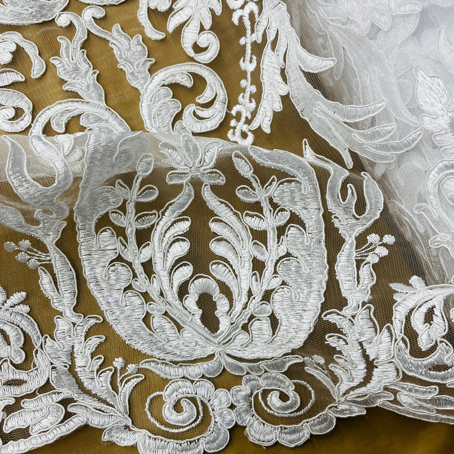 1 Yard Elegant Corded Bridal Lace Fabric Embroidered on 100% Polyester Net Mesh White