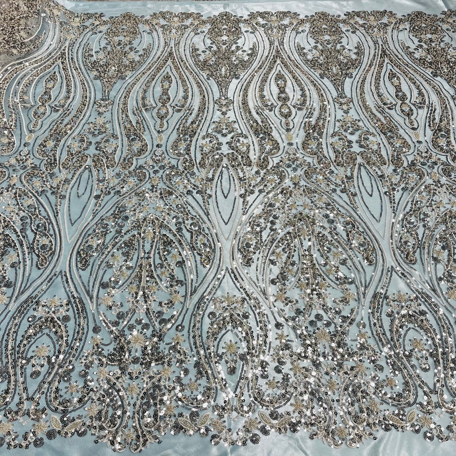 1 Yard Silver Beaded Lace Fabric Embroidered on Polyester Net Mesh Pearls Sequins 54 Inch Width
