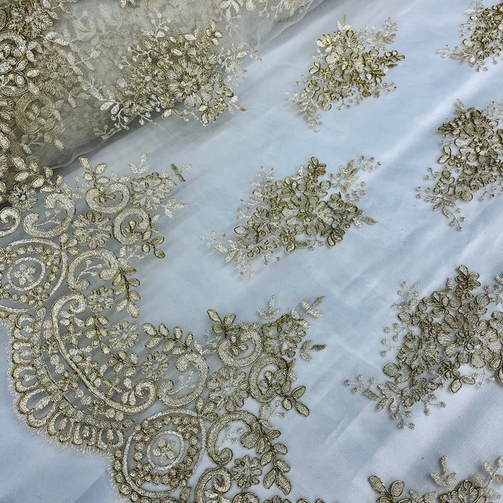 1 Yard Luxurious Corded Embroidered Bridal Lace Fabric for Couture Dresses White