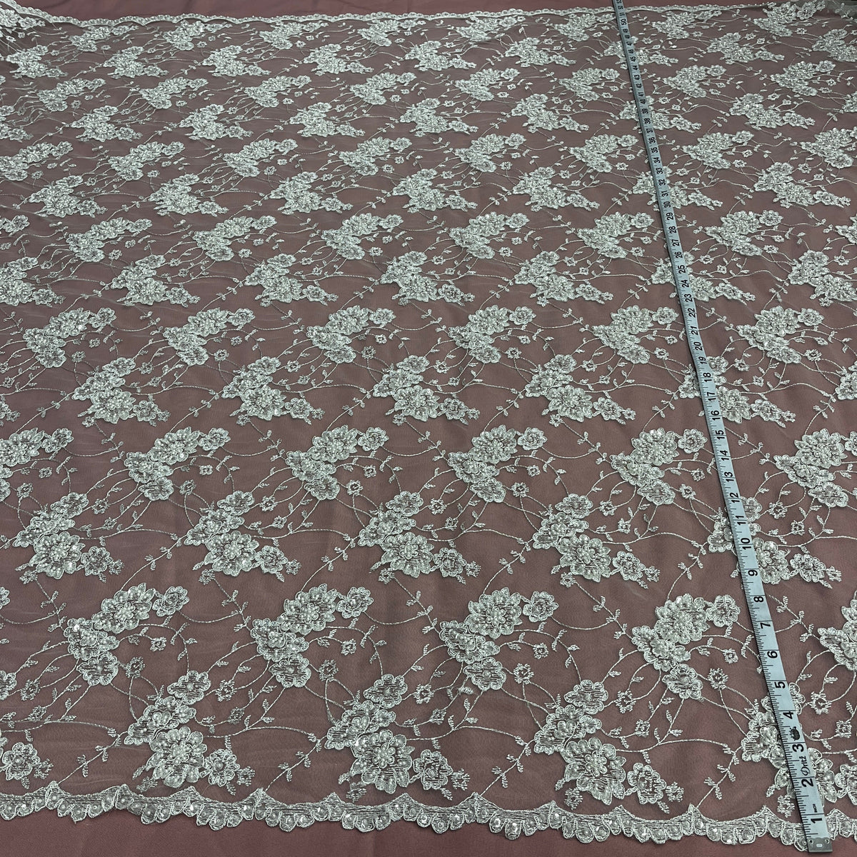 1 Yard Beaded & Corded Lace Fabric Embroidered on 100% Polyester Net Mesh 52" Wide