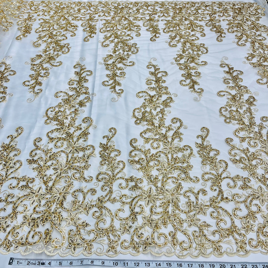 1 Yard Ivory Beaded and Corded Bridal Lace Fabric Embroidered on 100 Percent Polyester Net Mesh 51 Inch Width