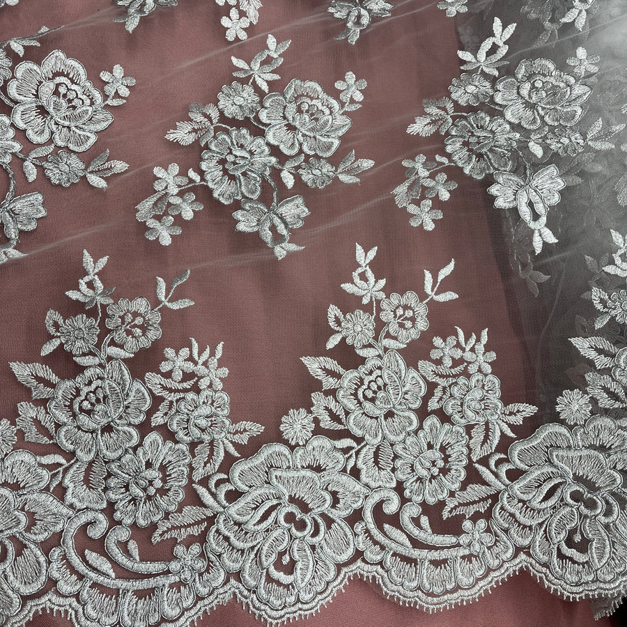 1 Yard Ivory Corded Bridal Lace Fabric Embroidered on Polyester Net Mesh 51 Inch Width